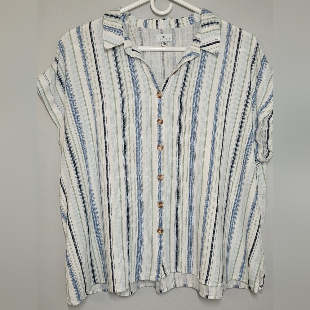 True Craft Blue Green and White Striped Blouse 3X EUC